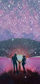 Romantic couple holding hands under a starry sky with a glowing tree.