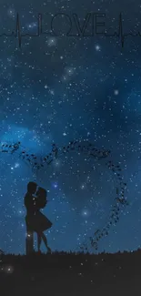 Couple silhouetted against a starry night with a musical heart.