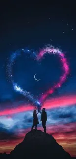 Romantic silhouette under a starry night with heart-shaped luminescence.