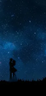 Silhouetted couple under a starry night sky.