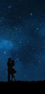 Couple silhouette against a starry night sky on mobile wallpaper.