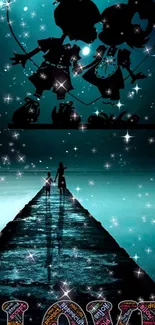 Silhouette couple under starry sky on teal backdrop.