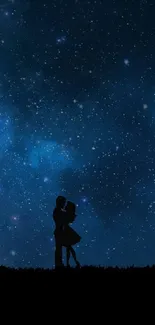 Silhouette couple under a starry night sky wallpaper.