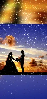 Silhouetted couple under a starry night sky with vibrant evening colors.