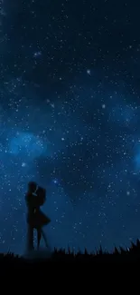 Silhouette couple embracing under starry night sky with dark blue background.