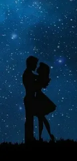 Silhouetted couple under a starry night sky, creating a romantic ambiance.