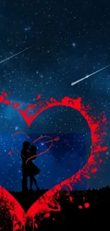 Romantic scene with a red heart on a starry night.