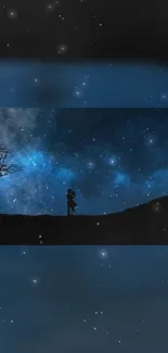 Silhouette of a couple under a starry night sky with a cosmic backdrop.