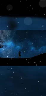 Silhouette couple under starry night sky with cosmic background.