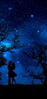 Silhouette of couple under a starry night sky in deep blue tones.