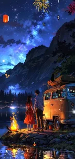 Couple camping under starry sky by a lake with fireworks and lanterns.