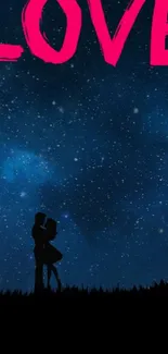 Romantic silhouette under starry night sky with love text.