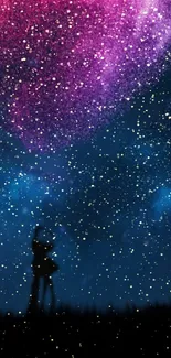 Couple embracing under a vibrant, starry night sky with purple and blue hues.