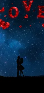 Romantic starry night wallpaper with couple and 'Love' letters.