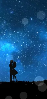 Silhouette couple under a starry night sky with a tree on the side.