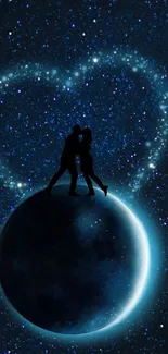 Silhouetted couple on a starry planet with a heart-shaped star pattern.