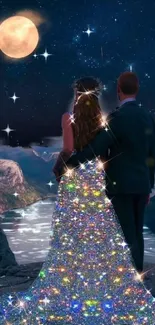 Romantic couple under a starry sky at night with sparkles and moonlight.