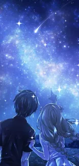 Animated couple gazing at starry night sky with shooting star.