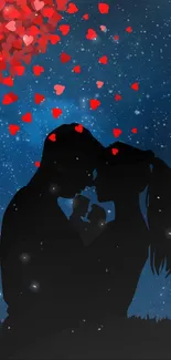 Couple silhouette with red hearts under starry night sky wallpaper.