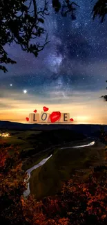 Romantic night landscape with 'Love' in a starry sky.