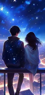 Romantic couple under a starry night sky, overlooking a lit-up cityscape.