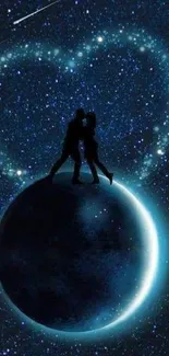 Silhouetted couple on a planet with starry heart in night sky wallpaper.