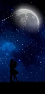 Silhouetted couple under starry night with moon.