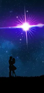 Silhouette couple under a starry night sky with purple and gold accents.