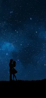 Silhouette of a couple under a starry night sky with a tree on the left.