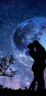 Silhouette of lovers kissing under a starry night sky with a glowing full moon.