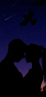 Silhouette of a couple under a starry night sky with flying birds.