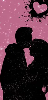 Silhouette of a couple kissing under a starry pink background with a heart above.