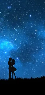 Silhouette couple under a starry night sky.