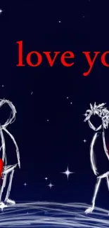 Romantic stick figure wallpaper with hearts and 'I love you' text.