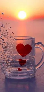 Glass mug with hearts at sunrise, artistic wallpaper.