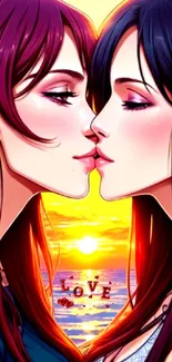 Anime wallpaper depicting a romantic sunset scene with two characters in love.