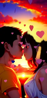 Anime couple kissing at sunset with heart shapes.