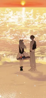 Romantic anime couple at sunset on a beach.