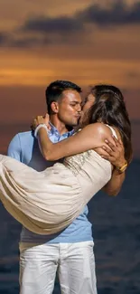 Couple embracing at sunset on the beach, capturing a romantic moment.