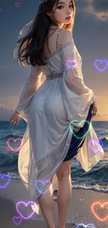 Woman on beach with hearts and sunset, elegant white dress.