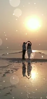 Couple dancing at sunset on a beach, creating a romantic silhouette with sparkles.