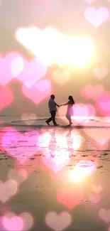 Romantic beach sunset with pink hearts and couple silhouettes.