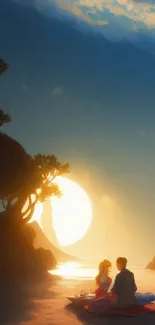 A romantic couple sits on a beach at sunset with a large glowing sun in the background.