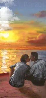 A romantic couple sits on a beach at sunset, with vivid orange skies reflecting on the ocean.