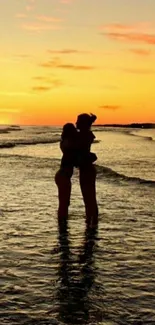 Romantic couple silhouette at sunset beach.