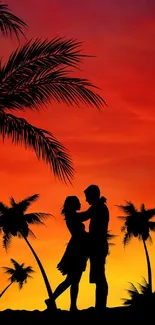 Silhouette of a couple with palm trees against a vibrant sunset beach background.