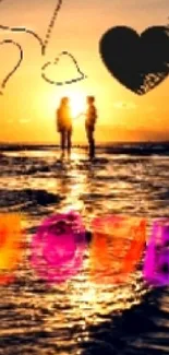 Couple silhouette at sunset beach with hearts and vibrant text overlay.
