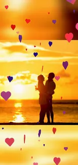 Romantic couple silhouette at sunset with heart motifs.