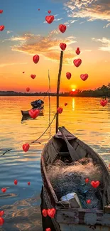 Romantic sunset with a boat and red hearts floating over calm waters.