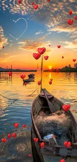 Romantic sunset with hearts and boat on a tranquil lake.